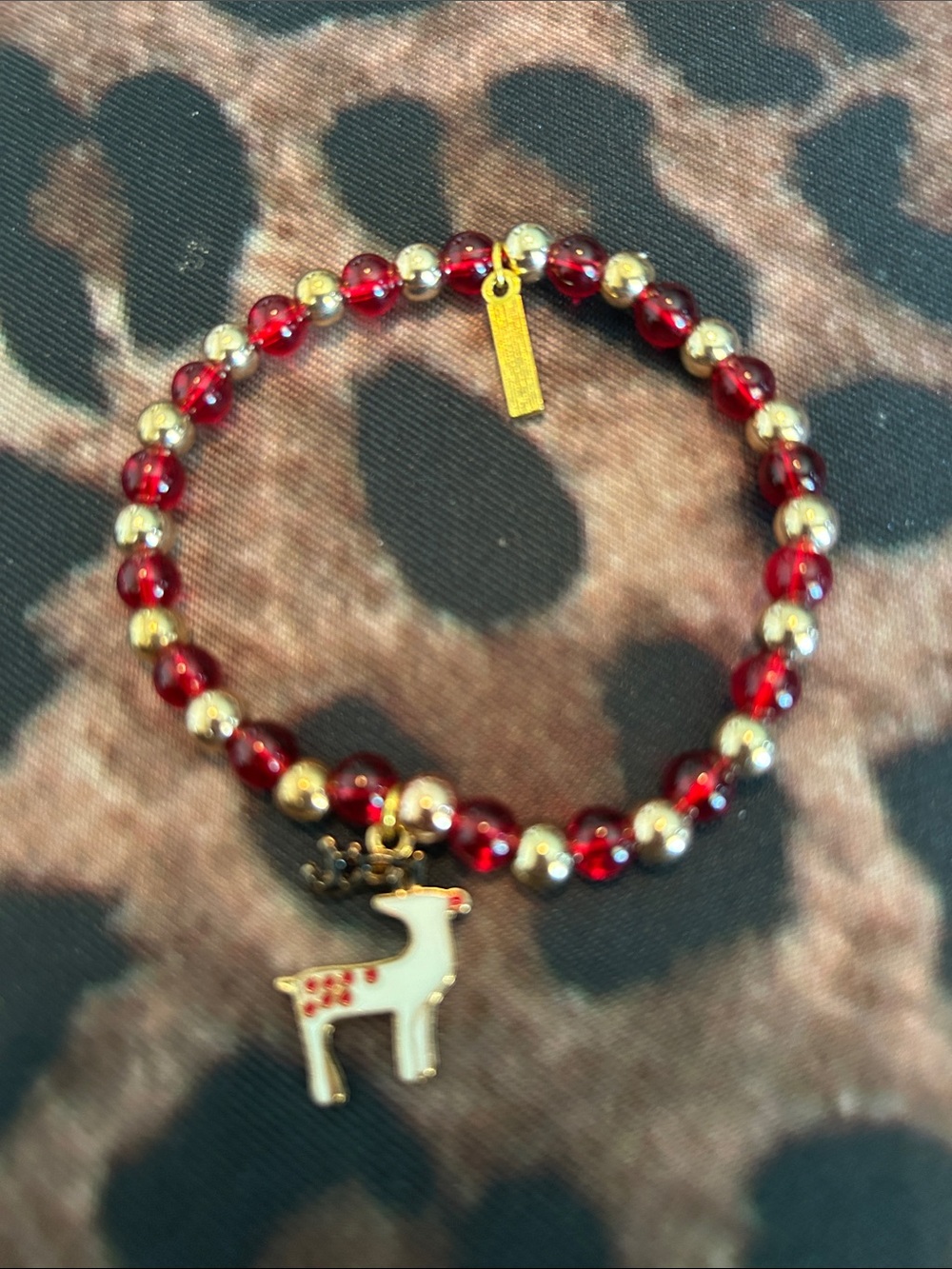 Handmade Red and Gold Kids Reindeer Charm Bracelet